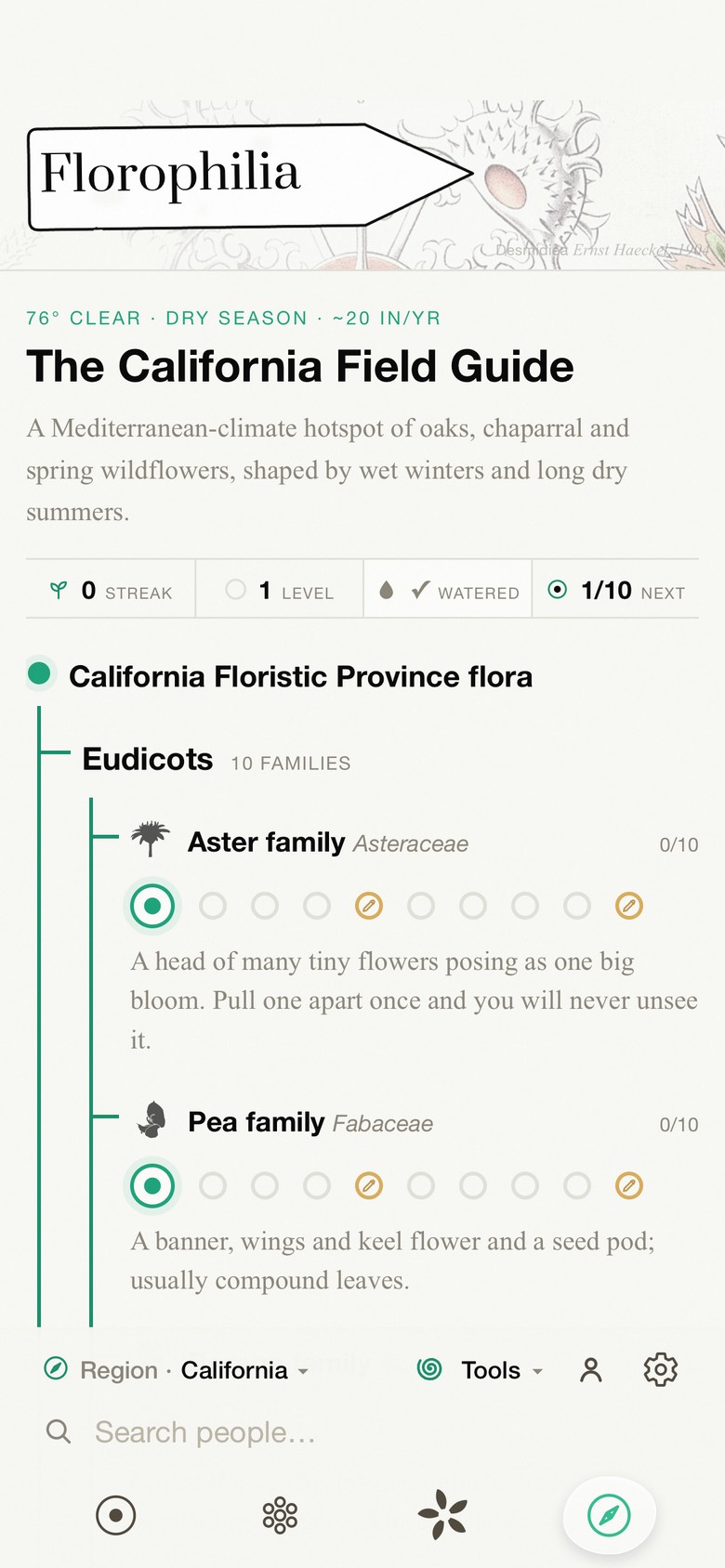 The California field guide: plant families listed as lessons, each with ten questions