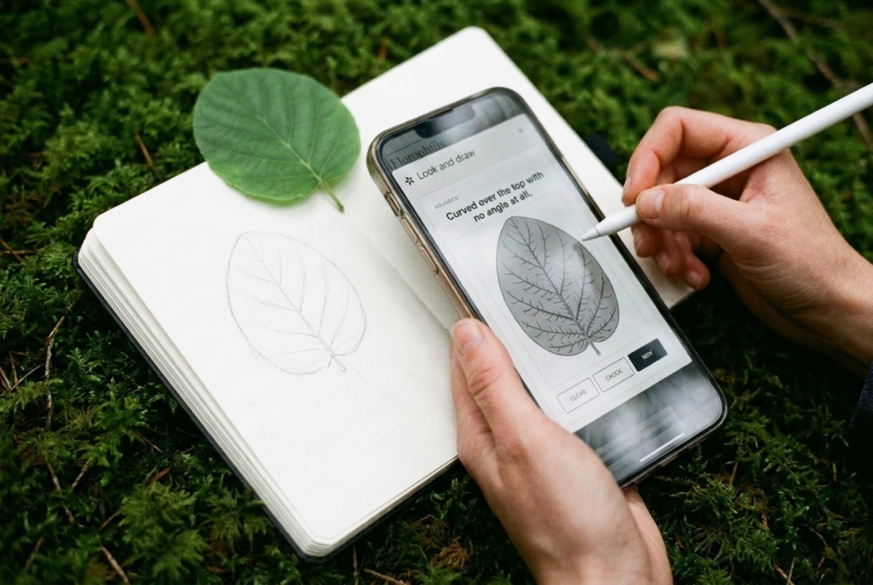 A leaf resting on an open sketchbook while hands sketch the same leaf on a phone with a stylus, on a moss bed