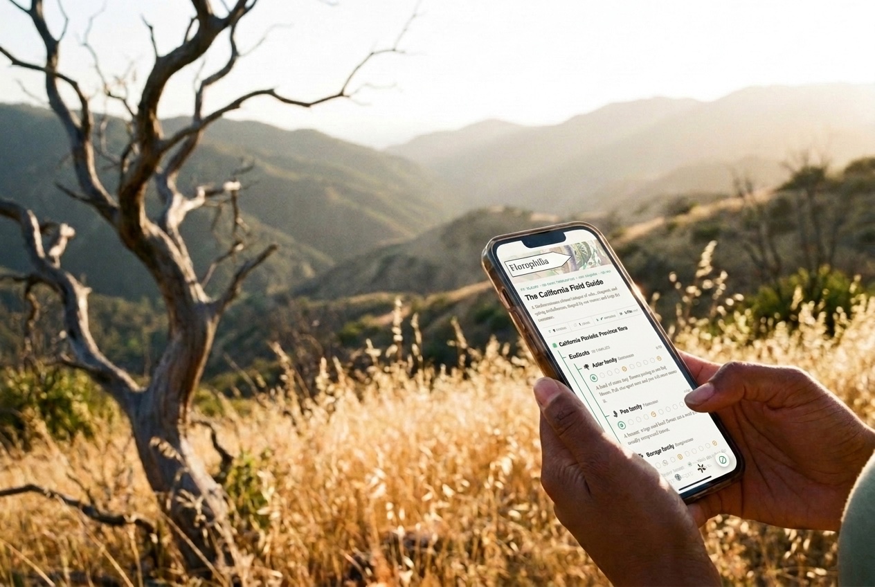 A hand holding a phone showing the Florophilia field guide, in California chaparral